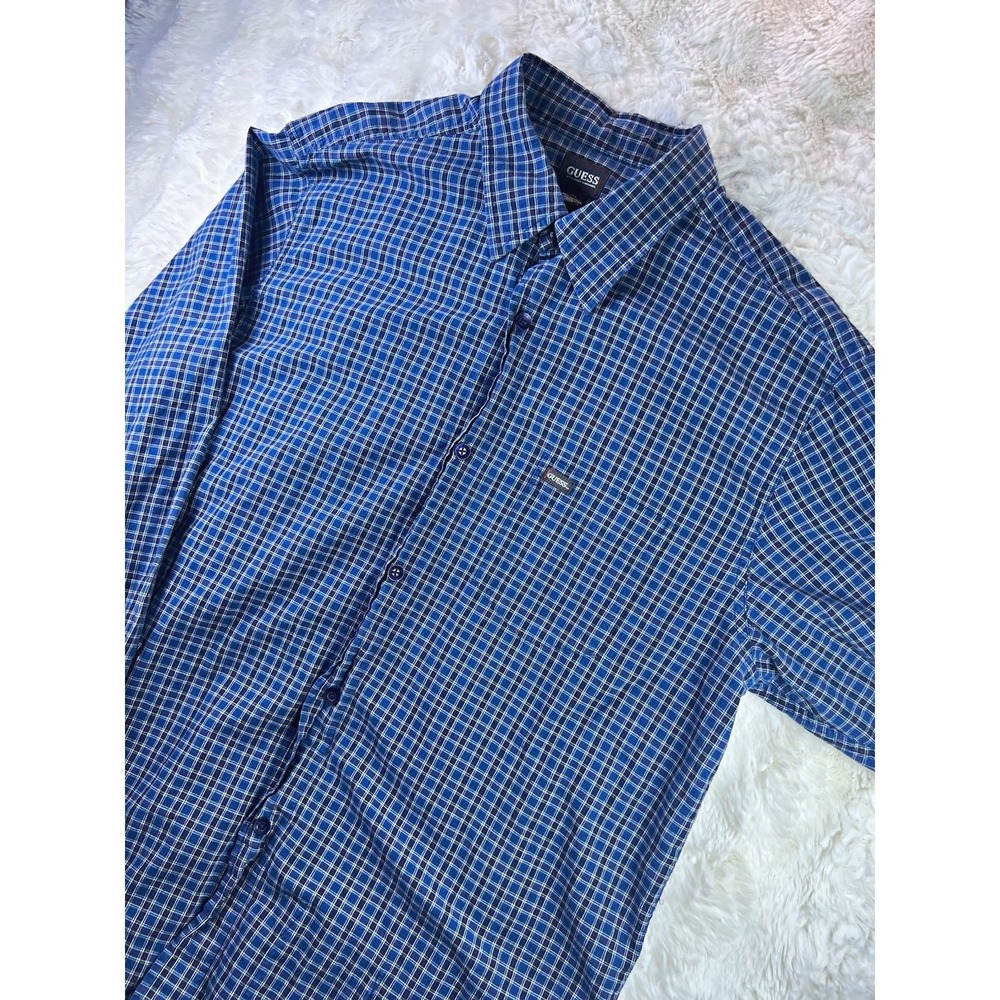 GUESS Mens XL Blue Plaid Long Sleeve Button-Up Cotton Woven Shirt Pockets. A26